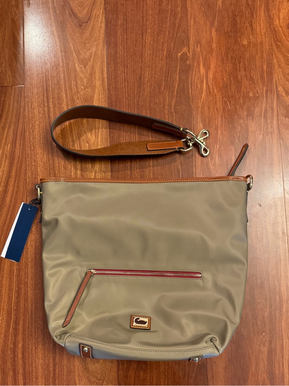 Price firm- Dooney & Bourke Taupe Nylon Hobo Bag with Leather Trim